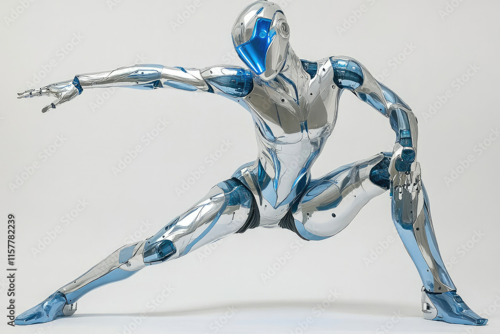 Poster a chrome female robot in a dynamic pose, showcasing advanced robotics and futuristic design.