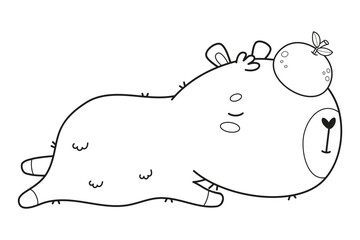 Outline relax sleeping Capybara with tangerine. Funny calm cartoon kawaii character. Line drawing, coloring book. Vector illustration. Kids collection