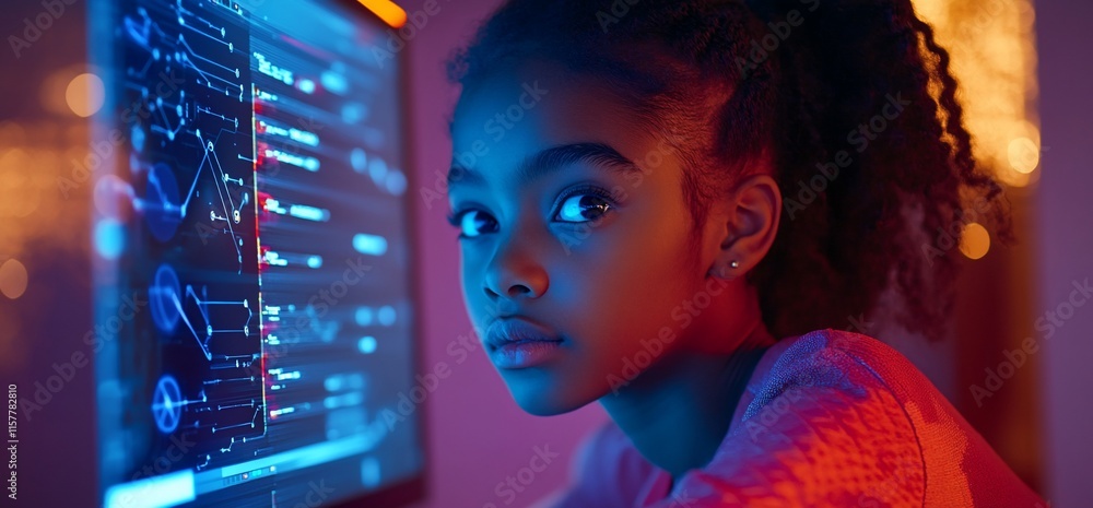 Aufkleber a young girl focused on a computer screen displaying data and graphics.