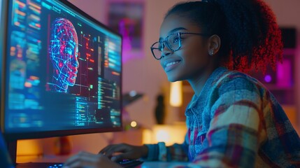 A young girl engaged with a computer, exploring technology and digital design.