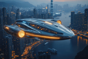 A futuristic spaceship gracefully flies over a vibrant, densely populated city at night.