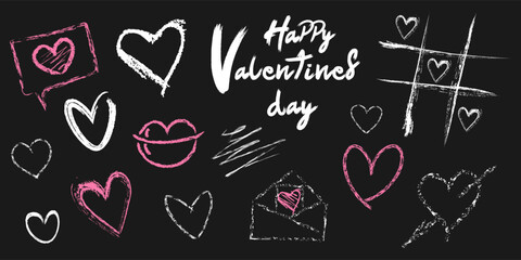 A set of chalk painted Valentine's Day elements. Hearts, lips, speech bubble, envelope, congratulatory text