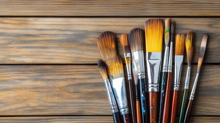 Fototapeta premium Close-up Photo: Vibrant Paintbrushes Gracefully Arranged on Rustic Wooden Surface. AI Generated