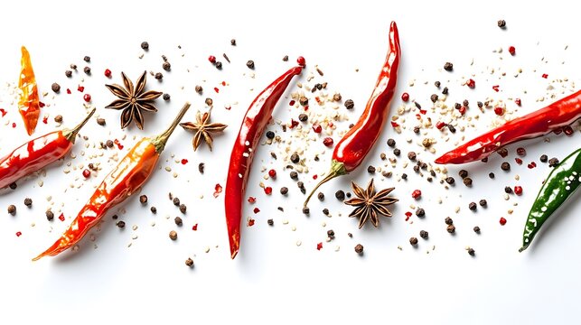 Vibrant red chili peppers and green chili pepper arranged with assorted spices like star anise, peppercorns, and sesame seeds on a white background. A colorful and aromatic culinary image.