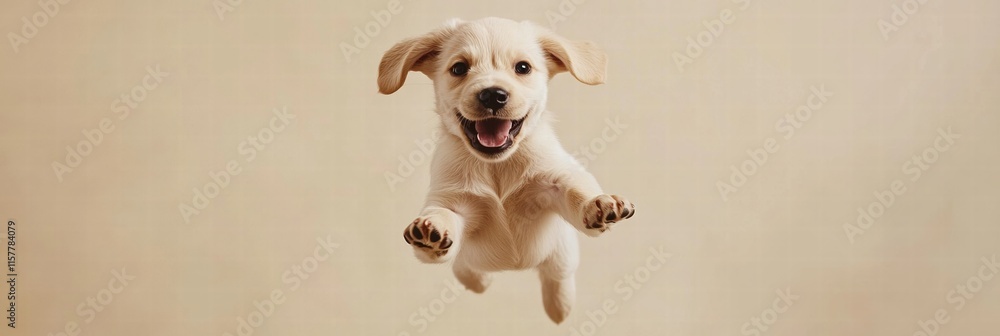 Aufkleber joyful puppy leaps in mid air, showcasing a playful spirit against a neutral background with space f