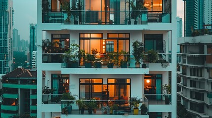 Sleek modern white apartment building with glass facade amidst urban cityscape development