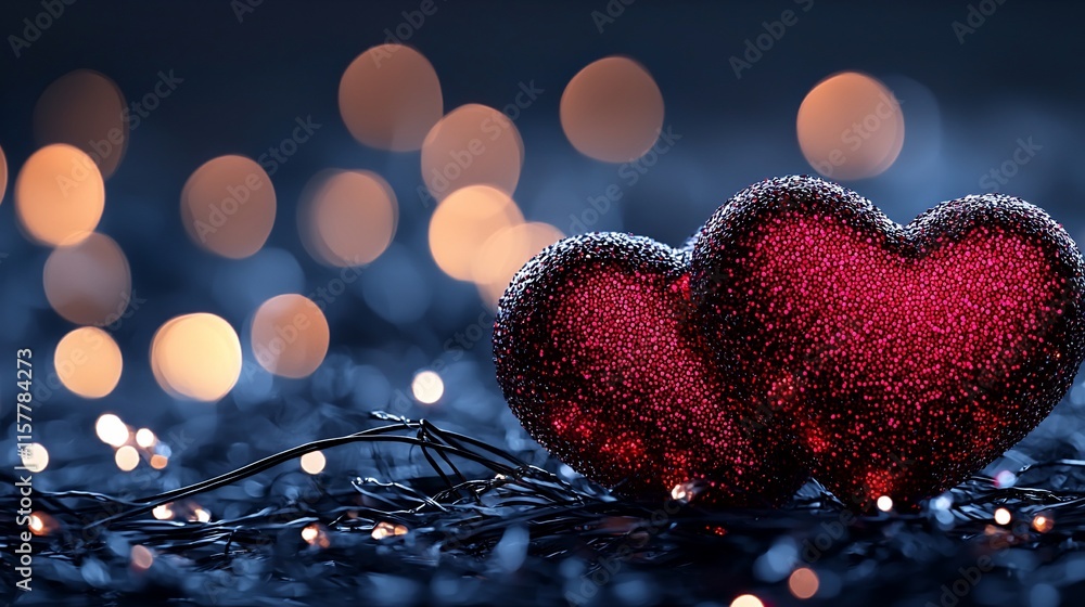 Poster two red glittering hearts on dark background with bokeh lights.