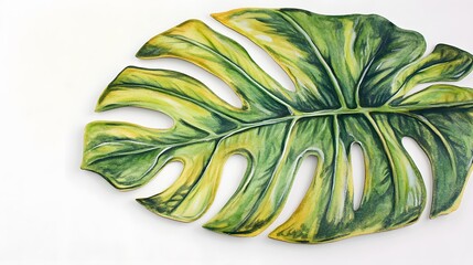 Close-up of a vibrant hand-painted monstera leaf, showcasing its unique texture and rich green hues against a white backdrop. Perfect for adding a touch of tropical flair to any design.