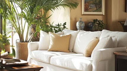 An inviting living area boasts a timeless white couch, complemented by graceful plants and decorative accents adorning a side table