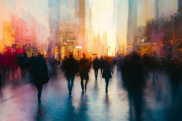 Obraz premium A group of people walking down a city street at sunset
