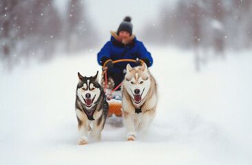 Husky dogs in sleds pulling a sled with a child