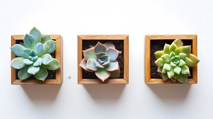 Three succulents in square wooden pots, arranged in a row on a white background. The succulents are different colors and varieties, creating a visually appealing scene.