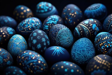 Fototapeta premium A Beautiful Collection of Intricately Designed Blue Easter Eggs, showcasing exceptional craftsmanship and artistic flair that embody the spirit of seasonal celebrations filled with happiness and joy