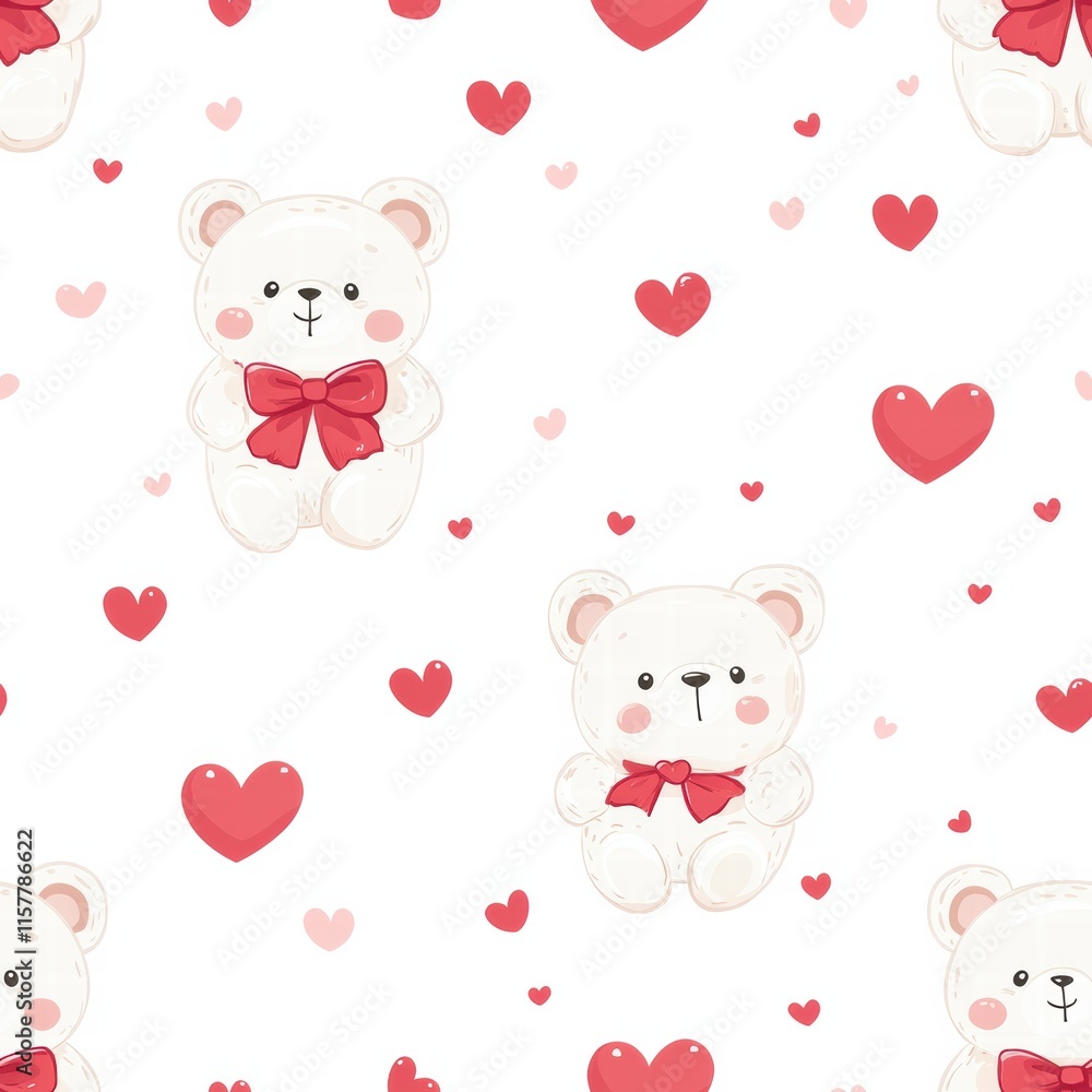 Aufkleber Cute white bears with red bows surrounded by red hearts create a playful pattern for a delightful design mockup. Generative AI