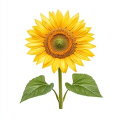 Obraz premium Bright sunflower with vibrant yellow petals and green leaves, symbolizing warmth and happiness in nature.