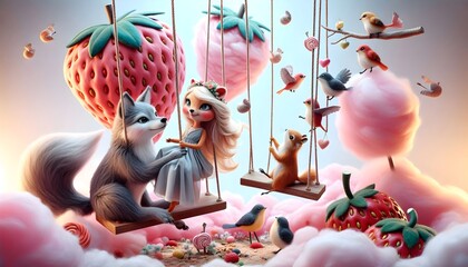 D&iacute;a de San Valent&iacute;n Dulces Parejas de Animalitos en el Bosque de Fresas	