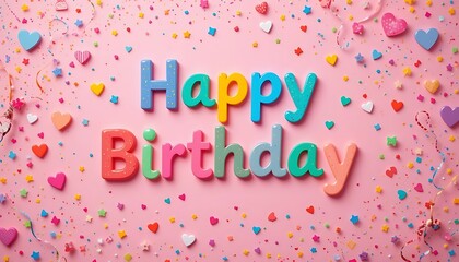 Bright Birthday Greeting Card with Colorful Decorations on Pink Background