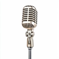Fototapeta premium Classic vintage microphone standing elegantly on a stand, perfect for music, speeches, or broadcast-themed designs.