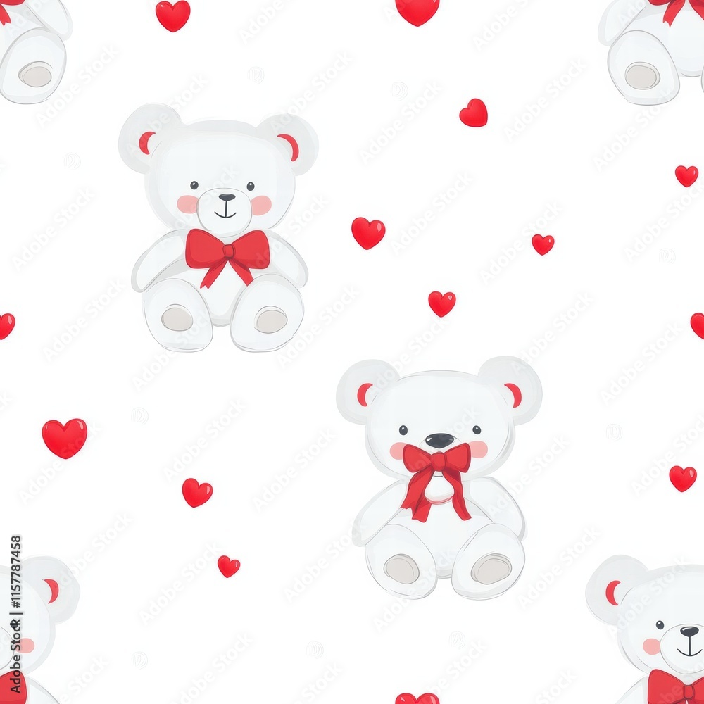 Poster cute white teddy bears with red bows and hearts on a soft white background for playful designs. gene