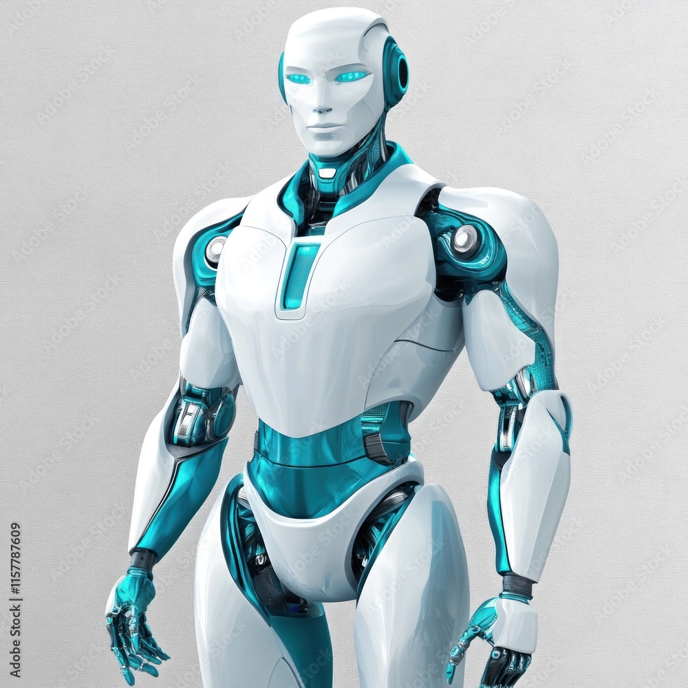 Poster futuristic white and teal humanoid robot: a glimpse into advanced robotics