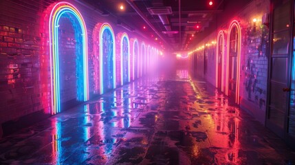 Conceptualize a neon exhibit of weather phenomenon symbols, featuring shimmering