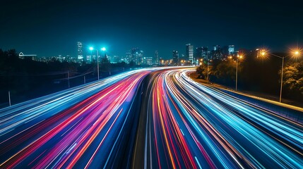 Vibrant Night City Highway: A Stunning Wide Shot Photo of Fast-Moving Traffic Lights. AI Generated