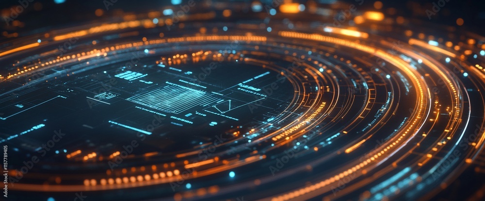 Poster abstract digital landscape with glowing circuits and data patterns.