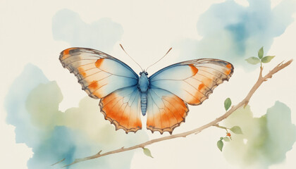 Butterfly on a branch illustration, tranquil mood, watercolor art, soft pastel background, copy space