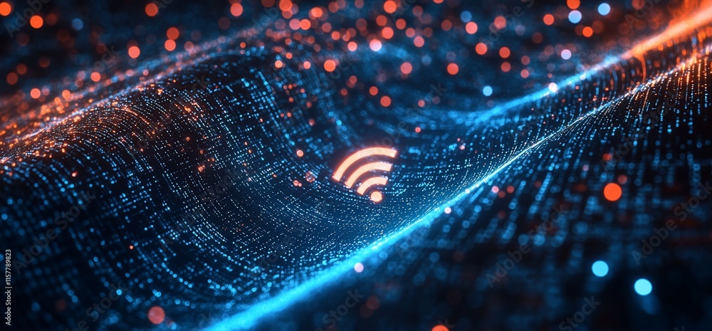 Poster abstract digital representation of wi-fi connectivity with glowing particles.
