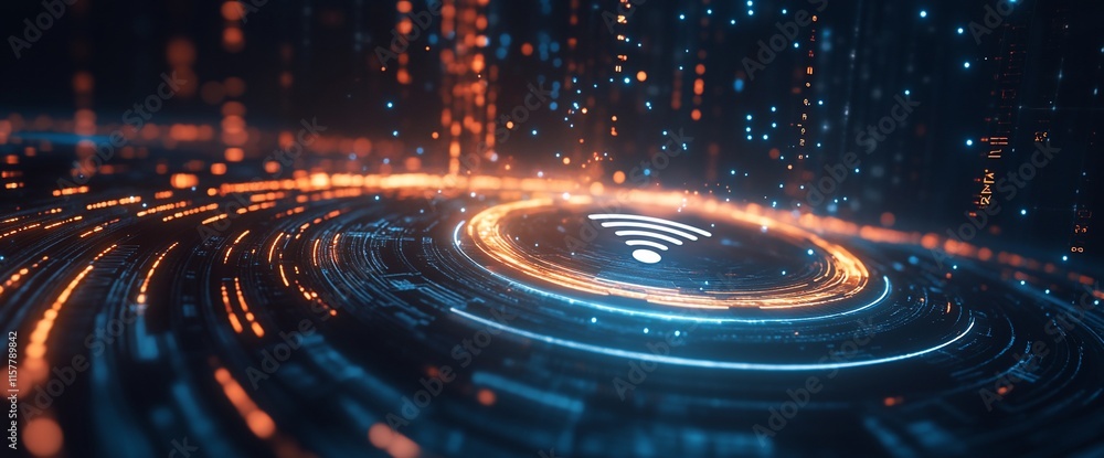 Poster abstract digital representation of wi-fi connectivity with glowing particles.