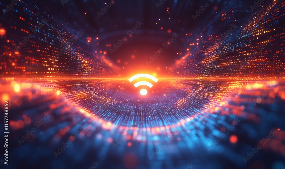 Poster abstract digital representation of wi-fi connectivity with glowing effects.