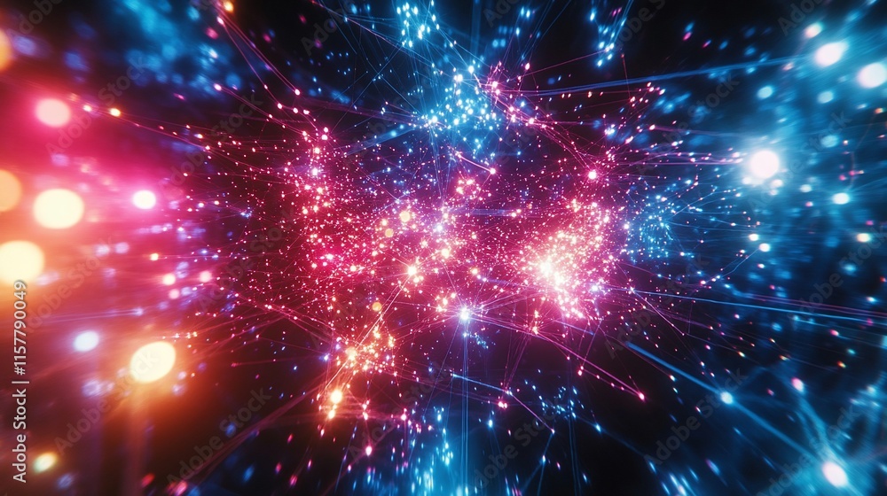Poster abstract digital visualization of vibrant particles and light trails in space.