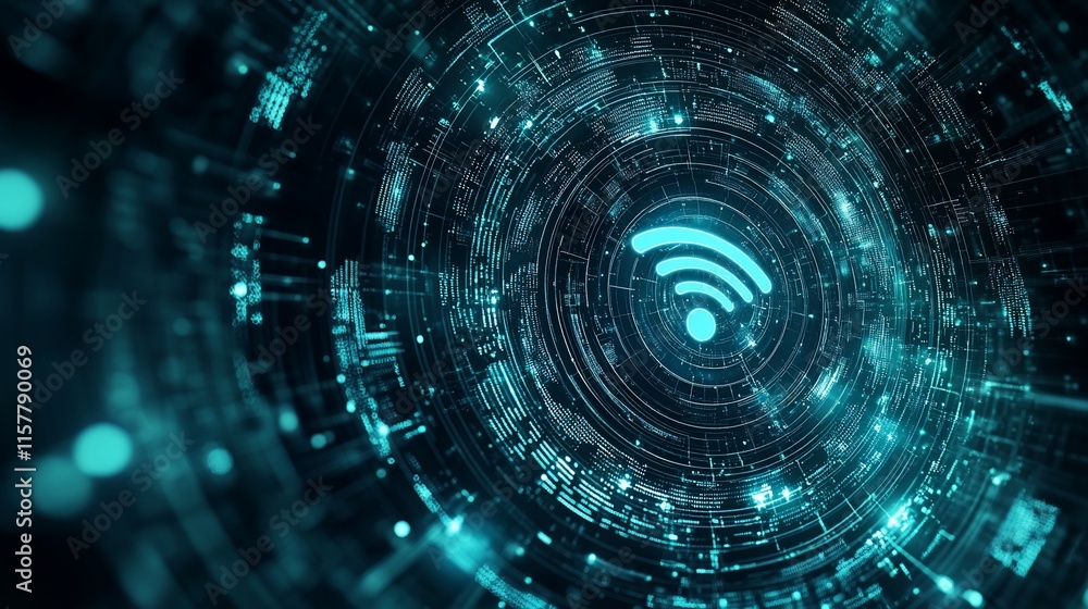 Poster abstract digital representation of wi-fi connectivity in a tech-inspired design.