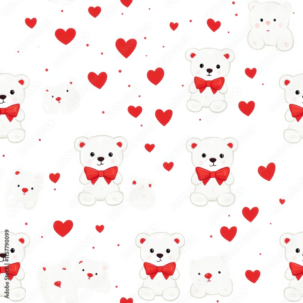 Poster Patterns featuring cute polar bears with red bows and hearts for playful designs and decorations. Generative AI