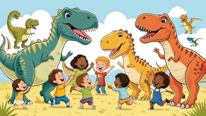 AI generated Cartoon style images of Dinosaurs playing with School going children