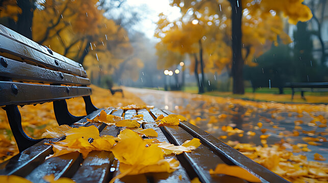 Rainy autumn day in park, wet wooden bench covered with yellow leaves.