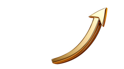 3D render of a rising gold arrow on a transparent background for graphics and design purposes