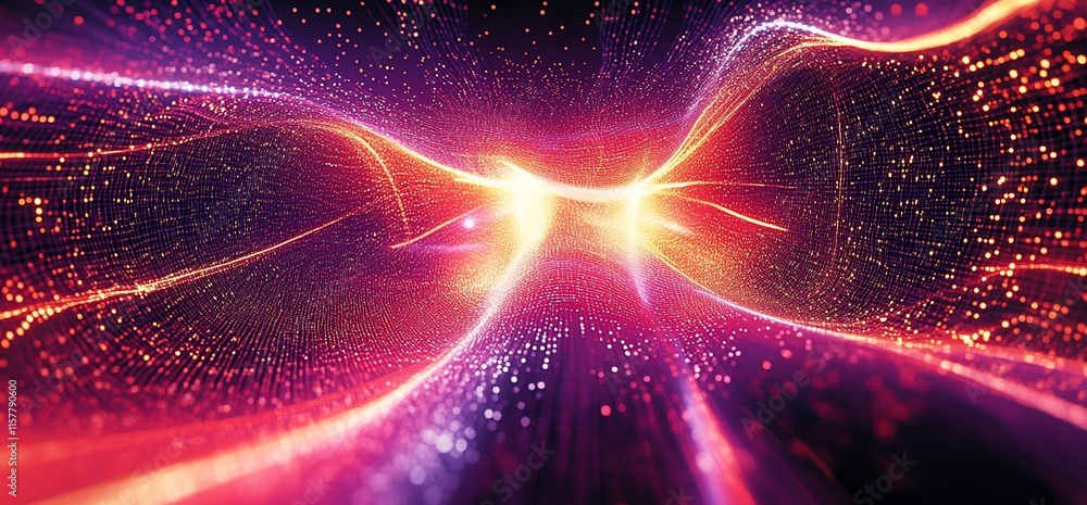 Poster abstract digital visualization of vibrant light trails and particles in motion.