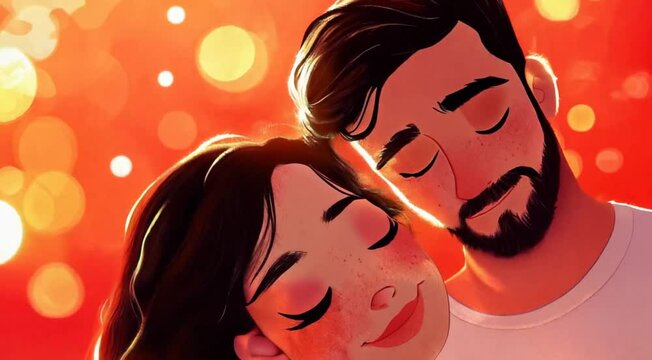Couple of cartoon characters are hugging each other in a red background. Scene is warm and affectionate