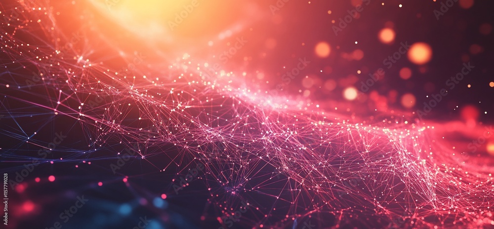 Poster abstract network of glowing particles and connections in a digital space.