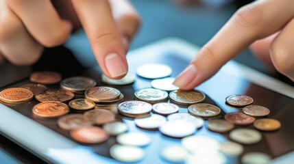 Counting coins on a tablet screen, thoughtful hands examine change. The digital approach to handling currency shows innovation in finance and technology.