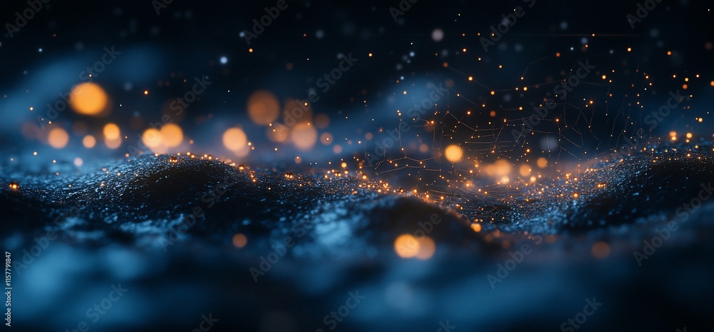 Poster abstract representation of glowing particles over a textured surface.