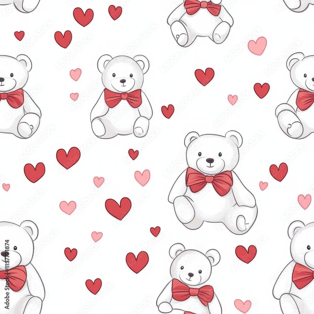 Poster Cute pattern of teddy bears with red bows and hearts suitable for various design projects and mockups. Generative AI
