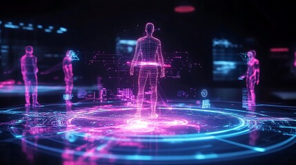 Stunning Futuristic 3D Render: Networked Human Figures Glowing Vividly in a Digital Cityscape. AI Generated