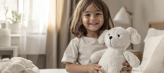 Joyful Child with Hypoallergenic Plush Toy in Cozy Bedroom Setting for Safe Playtime