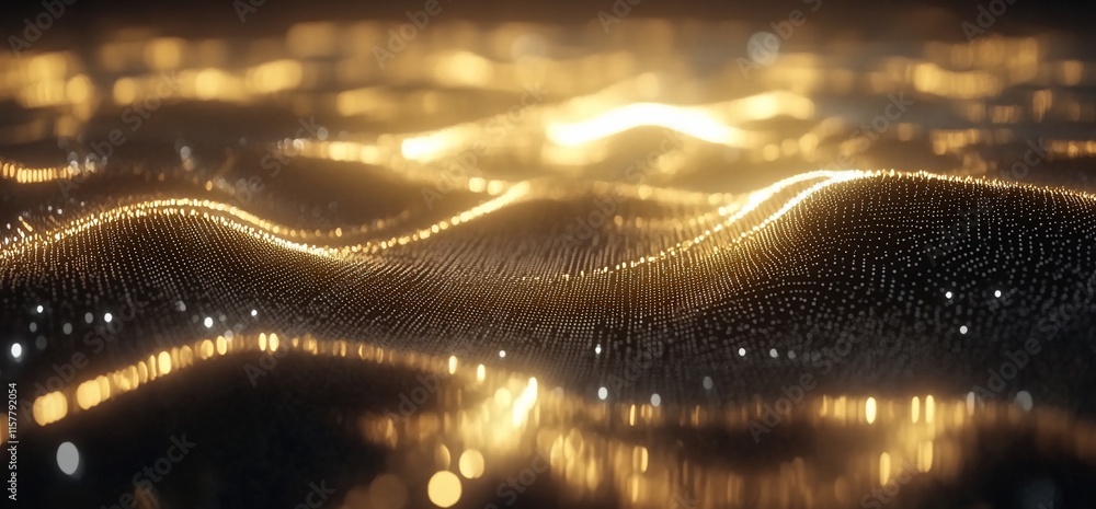 Poster abstract representation of glowing waves with a shimmering, fluid appearance.