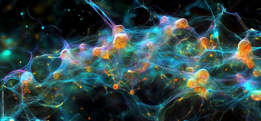 Poster abstract representation of neural connections with vibrant colors and textures.