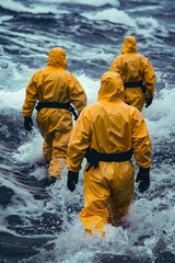 Naklejka premium Three people in yellow rain suits walking through the water