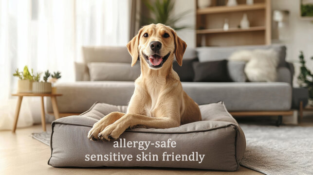 Hypoallergenic Dog Bed in Modern Living Room with Happy Pet Lounging - Allergy Safe Design