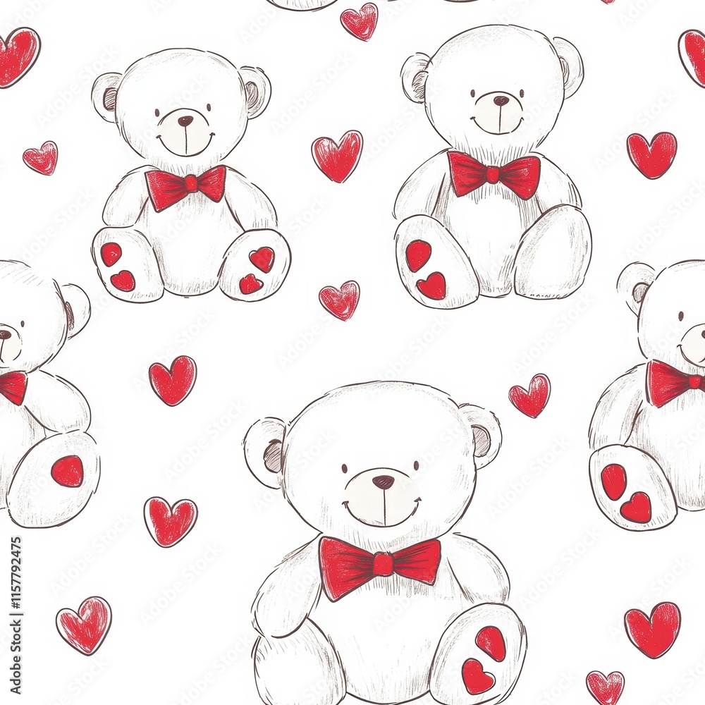 Poster cute teddy bears with bows and hearts create a charming pattern for decorative purposes. generative 